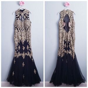 Elizabeth K by GLS Black and Gold Applique Illusion Gown